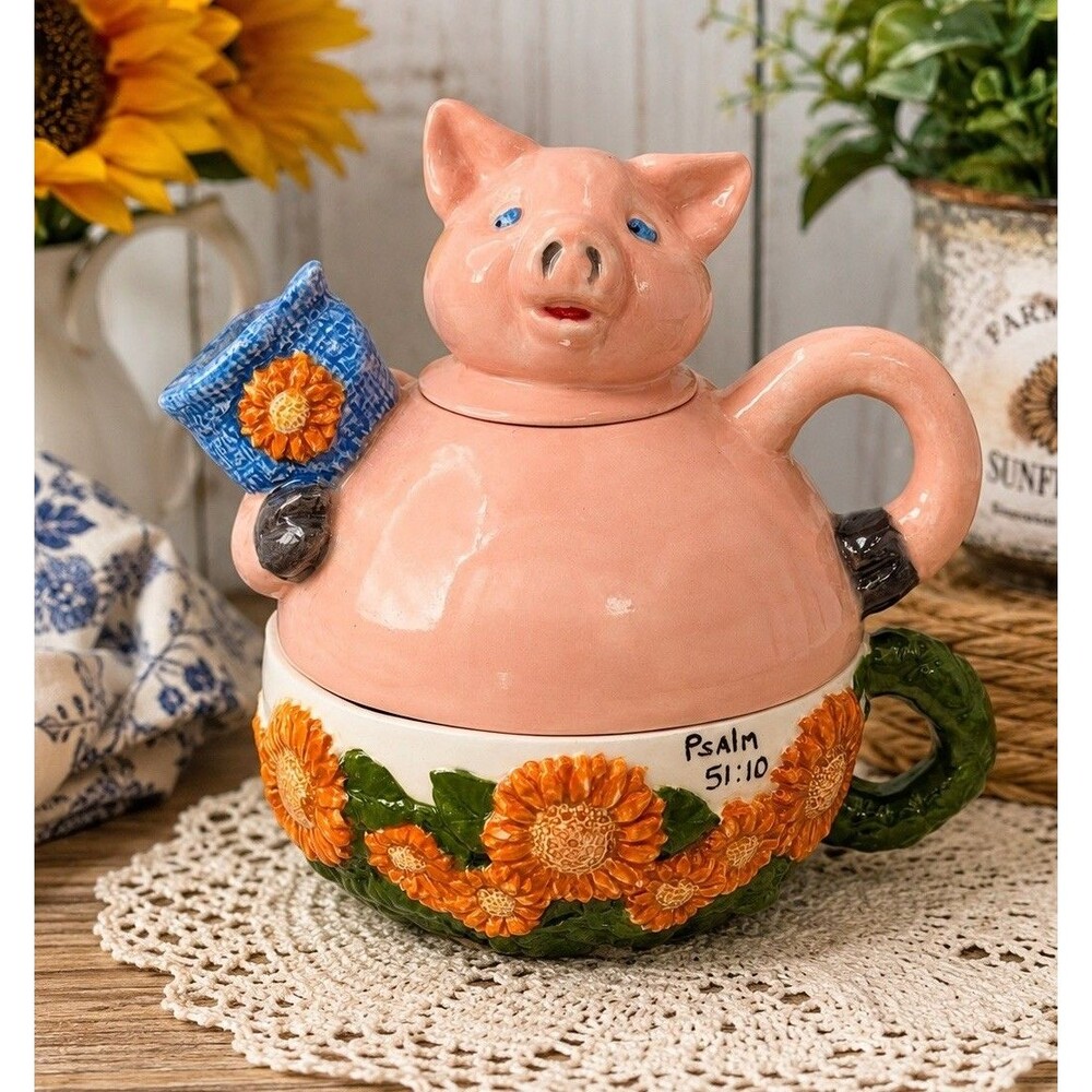 Vintage Ceramic Stacking Pig Teapot Mug Set Sunflower Psalm 51:10 Signed 1999